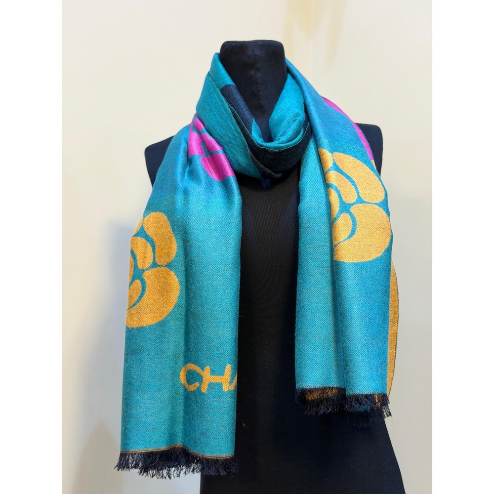 Chanel Silk Camellia CC Logo Scarf Teal Gold Pink Reversible Fringe Shawl Italy